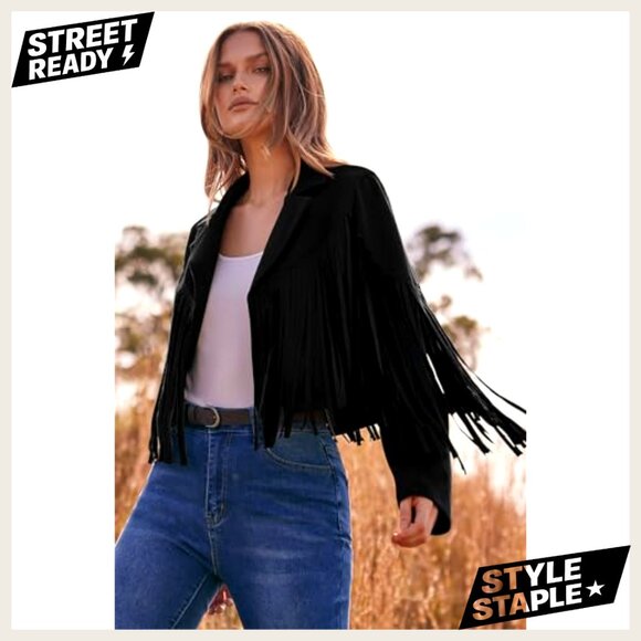 Faux Suede Fringe Cropped Jacket Slim Fit Motorcycle Style Chic Fall - Picture 3 of 7